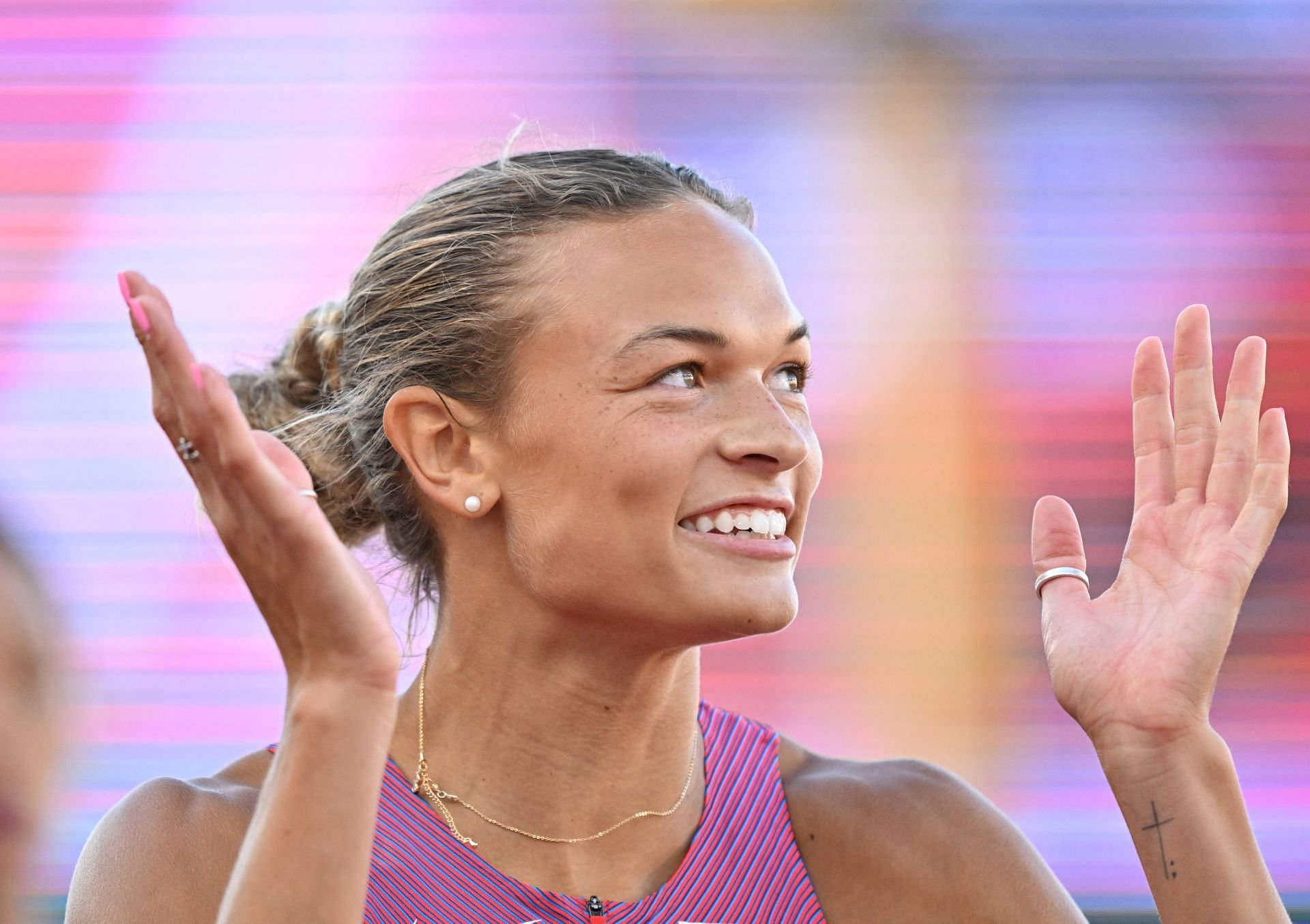 Anna Hall reacting at the 18th World Athletics Championships Oregon22, (Source: Getty)